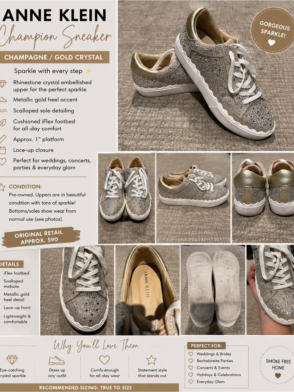 Anne Klein Gold Crystal Embellished Lace-Up Sneakers